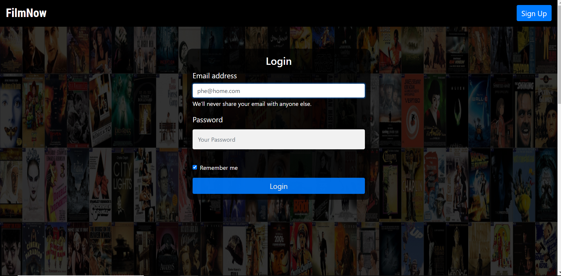 screenshot of signup page for filmnow application